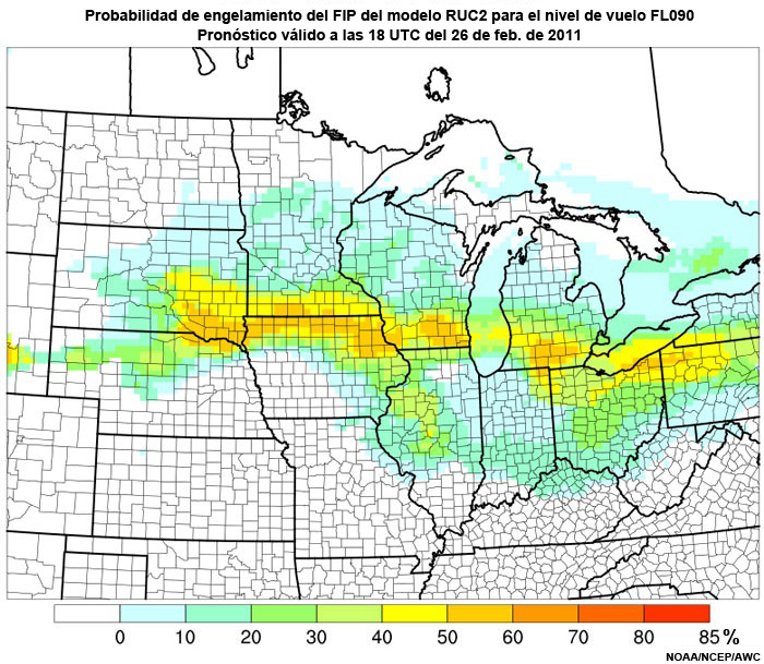 Probabilidad de engelamiento del producto engelamiento pronosticado (Forecast Icing Product, FIP) basado en el modelo RUC2 para el nivel de vuelo FL090, hora de validez del pronóstico: 18 UTC del 26 de febrero de 2011.