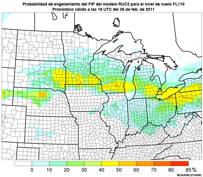 Probabilidad de engelamiento del producto engelamiento pronosticado (Forecast Icing Product, FIP) basado en el modelo RUC2 para el nivel de vuelo FL110, hora de validez del pronóstico: 18 UTC del 26 de febrero de 2011.