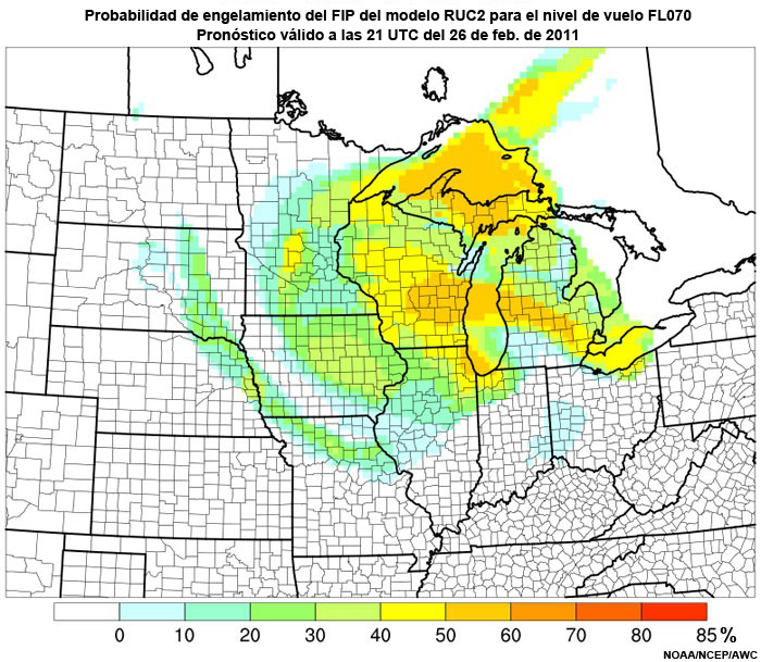 Probabilidad de engelamiento del producto engelamiento pronosticado (Forecast Icing Product, FIP) basado en el modelo RUC2 para el nivel de vuelo FL070, hora de validez del pronóstico: 21 UTC del 26 de febrero de 2011.