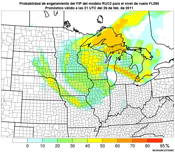 Probabilidad de engelamiento del producto engelamiento pronosticado (Forecast Icing Product, FIP) basado en el modelo RUC2 para el nivel de vuelo FL090, hora de validez del pronóstico: 21 UTC del 26 de febrero de 2011.