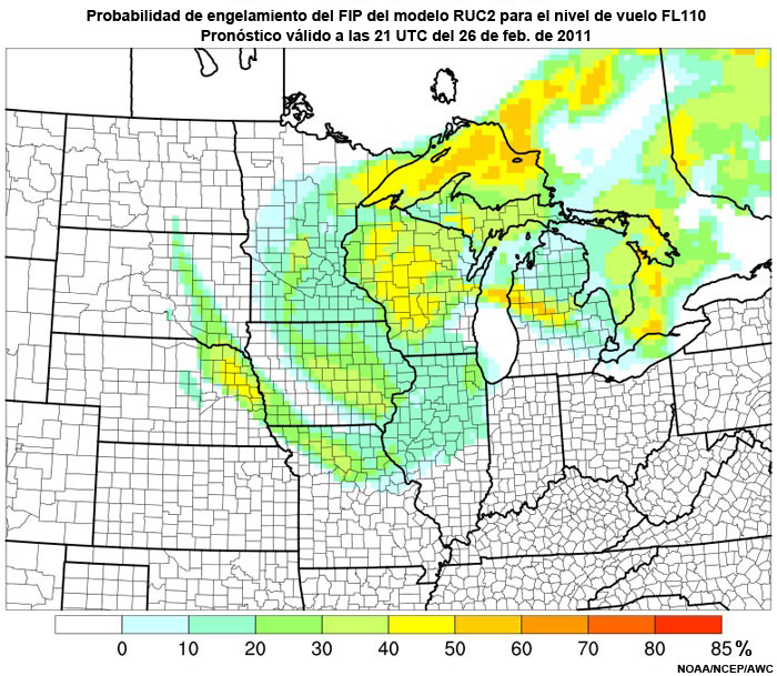 Probabilidad de engelamiento del producto engelamiento pronosticado (Forecast Icing Product, FIP) basado en el modelo RUC2 para el nivel de vuelo FL110, hora de validez del pronóstico: 18 UTC del 26 de febrero de 2011.