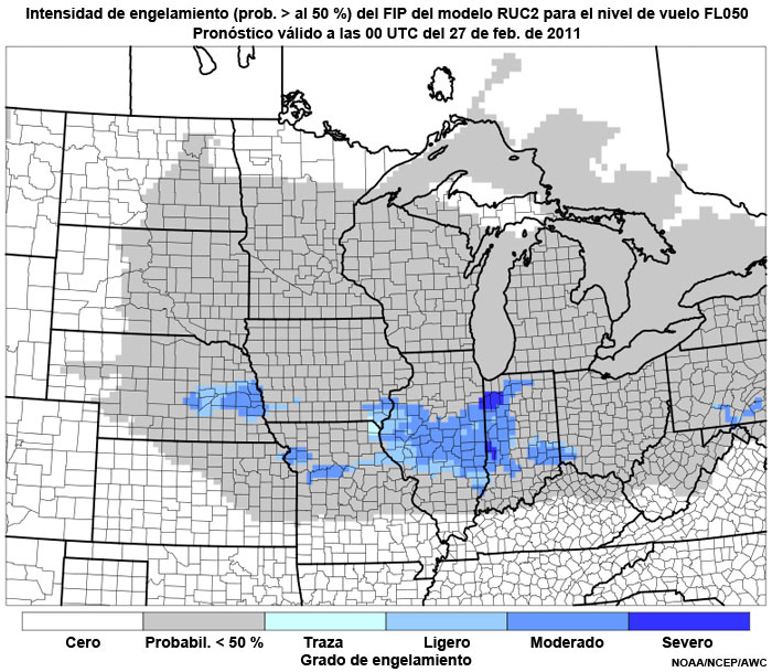 Producto FIP severidad de engelamiento basado en el modelo RUC2 (prob. >50 %) en el nivel de vuelo FL050, hora de validez del pronóstico: 00 UTC del 27 de febrero de 2011.