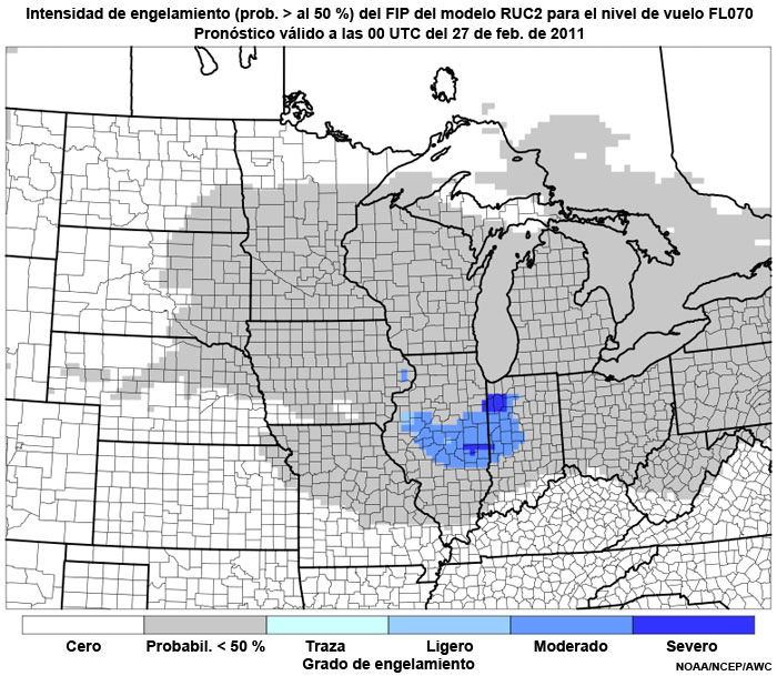 Producto FIP severidad de engelamiento basado en el modelo RUC2 (prob. >50 %) en el nivel de vuelo FL070, hora de validez del pronóstico: 00 UTC del 27 de febrero de 2011.