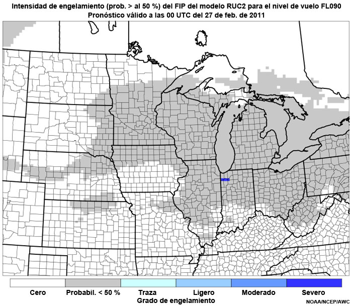 Producto FIP severidad de engelamiento basado en el modelo RUC2 (prob. >50 %) en el nivel de vuelo FL090, hora de validez del pronóstico: 00 UTC del 27 de febrero de 2011.