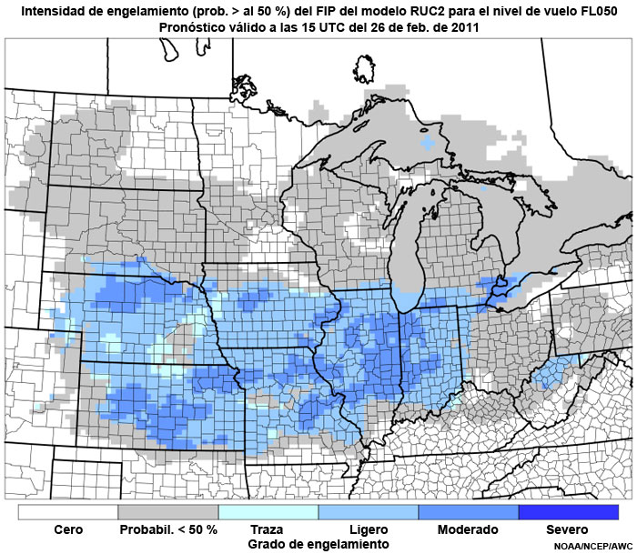 Producto FIP severidad de engelamiento basado en el modelo RUC2 (prob. >50 %) en el nivel de vuelo FL050, hora de validez del pronóstico: 15 UTC del 26 de febrero de 2011.