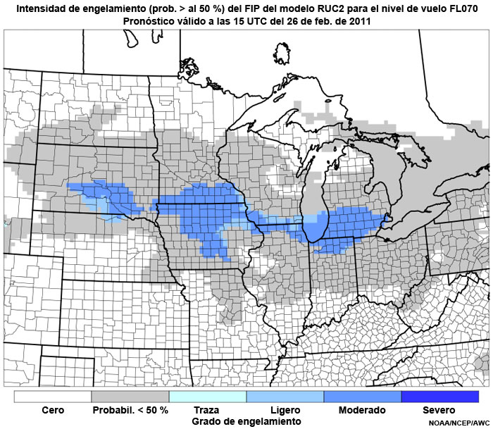 Producto FIP severidad de engelamiento basado en el modelo RUC2 (prob. >50 %) en el nivel de vuelo FL070, hora de validez del pronóstico: 15 UTC del 26 de febrero de 2011.