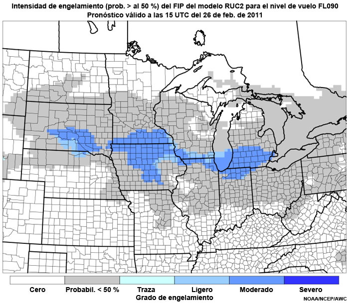 Producto FIP severidad de engelamiento basado en el modelo RUC2 (prob. >50 %) en el nivel de vuelo FL090, hora de validez del pronóstico: 15 UTC del 26 de febrero de 2011.