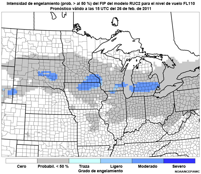 Producto FIP severidad de engelamiento basado en el modelo RUC2 (prob. >50 %) en el nivel de vuelo FL110, hora de validez del pronóstico: 15 UTC del 26 de febrero de 2011.