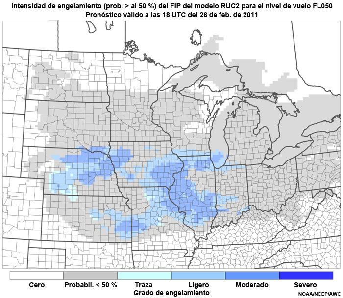 Producto FIP severidad de engelamiento basado en el modelo RUC2 (prob. >50 %) en el nivel de vuelo FL050, hora de validez del pronóstico: 18 UTC del 26 de febrero de 2011.