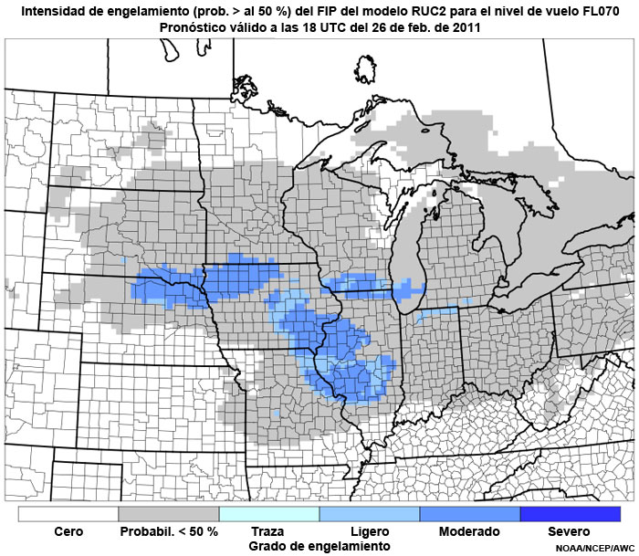 Producto FIP severidad de engelamiento basado en el modelo RUC2 (prob. >50 %) en el nivel de vuelo FL070, hora de validez del pronóstico: 18 UTC del 26 de febrero de 2011.