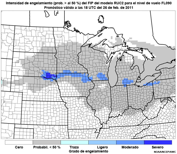 Producto FIP severidad de engelamiento basado en el modelo RUC2 (prob. >50 %) en el nivel de vuelo FL090, hora de validez del pronóstico: 18 UTC del 26 de febrero de 2011.