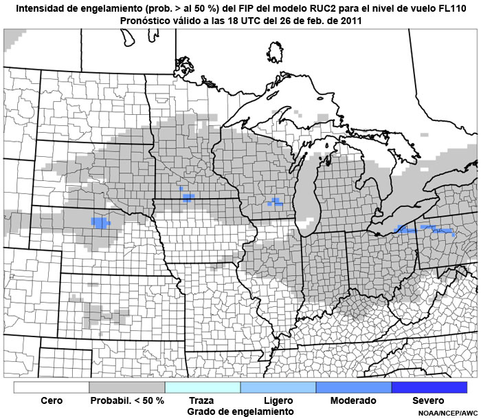Producto FIP severidad de engelamiento basado en el modelo RUC2 (prob. >50 %) en el nivel de vuelo FL110, hora de validez del pronóstico: 18 UTC del 26 de febrero de 2011.