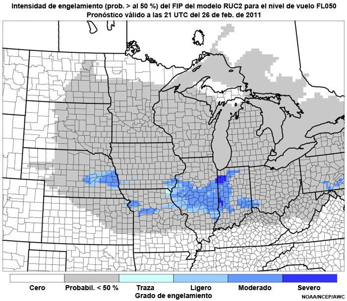 Producto FIP severidad de engelamiento basado en el modelo RUC2 (prob. >50 %) en el nivel de vuelo FL050, hora de validez del pronóstico: 21 UTC del 26 de febrero de 2011.