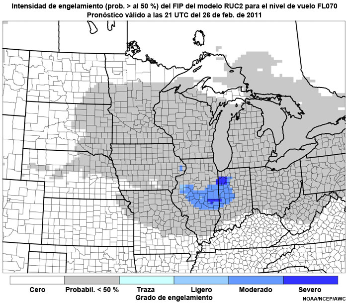 Producto FIP severidad de engelamiento basado en el modelo RUC2 (prob. >50 %) en el nivel de vuelo FL070, hora de validez del pronóstico: 21 UTC del 26 de febrero de 2011.