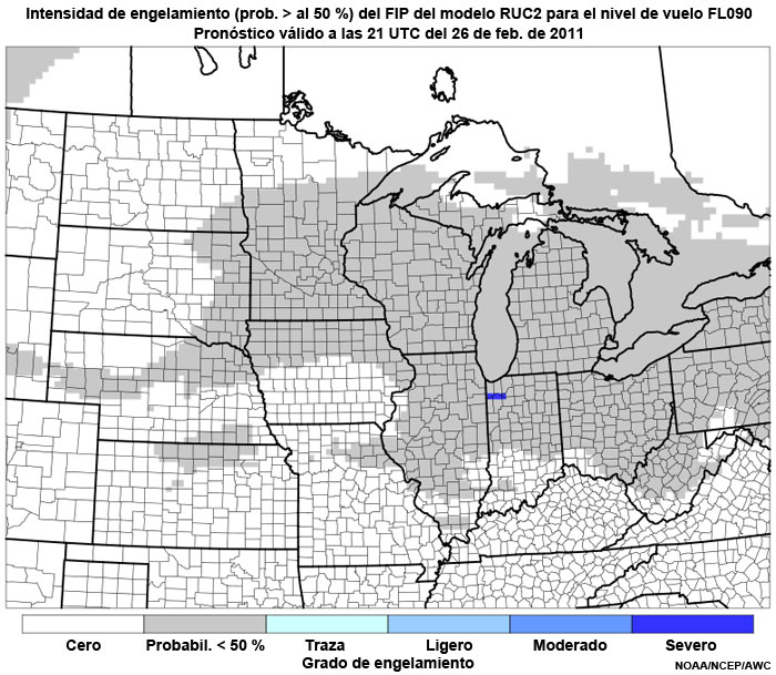 Producto FIP severidad de engelamiento basado en el modelo RUC2 (prob. >50 %) en el nivel de vuelo FL090, hora de validez del pronóstico: 21 UTC del 26 de febrero de 2011.