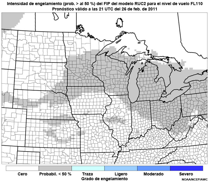 Producto FIP severidad de engelamiento basado en el modelo RUC2 (prob. >50 %) en el nivel de vuelo FL110, hora de validez del pronóstico: 21 UTC del 26 de febrero de 2011.