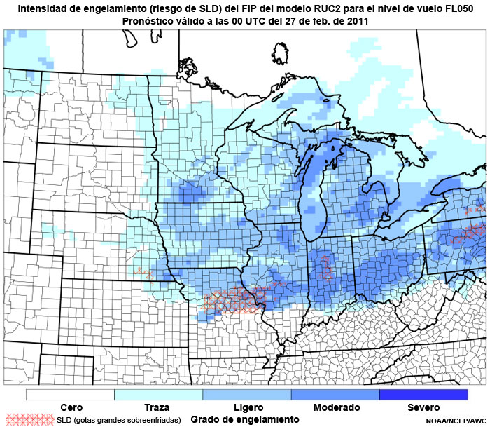 Producto FIP severidad de engelamiento basado en el modelo RUC2, riesgo de gotitas grandes sobreenfriadas (supercooled large droplet, SLD) en el nivel de vuelo FL050, hora de validez del pronóstico: 00 UTC del 27 de febrero de 2011.