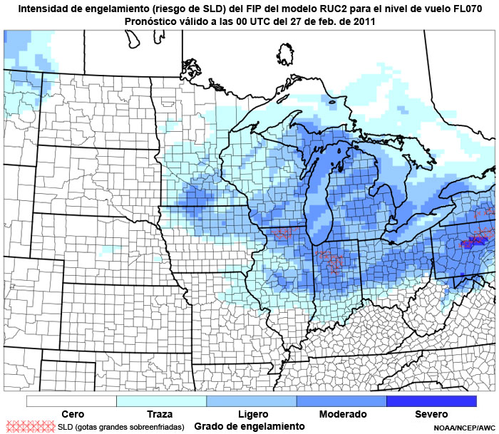 Producto FIP severidad de engelamiento basado en el modelo RUC2, riesgo de gotitas grandes sobreenfriadas (supercooled large droplet, SLD) en el nivel de vuelo FL070, hora de validez del pronóstico: 00 UTC del 27 de febrero de 2011.