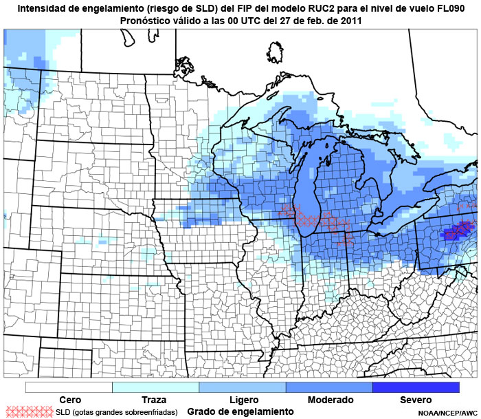 Producto FIP severidad de engelamiento basado en el modelo RUC2, riesgo de gotitas grandes sobreenfriadas (supercooled large droplet, SLD) en el nivel de vuelo FL090, hora de validez del pronóstico: 00 UTC del 27 de febrero de 2011.