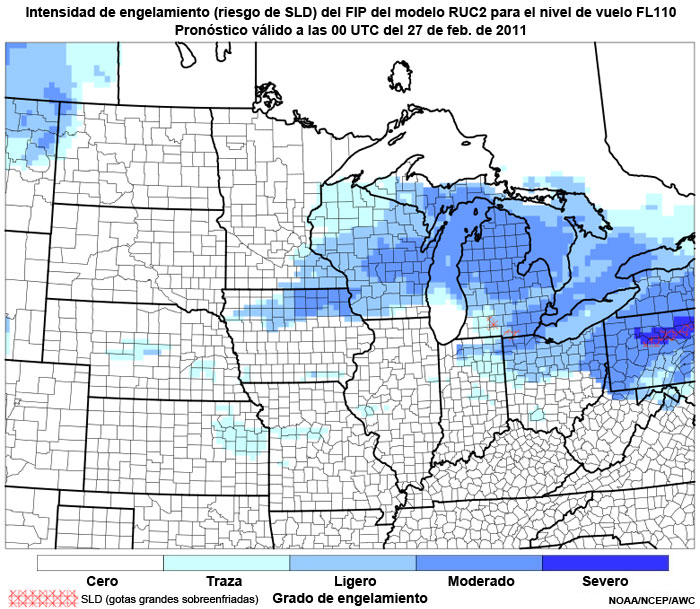 Producto FIP severidad de engelamiento basado en el modelo RUC2, riesgo de gotitas grandes sobreenfriadas (supercooled large droplet, SLD) en el nivel de vuelo FL110, hora de validez del pronóstico: 00 UTC del 27 de febrero de 2011.
