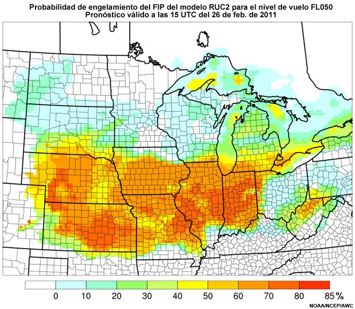 Producto FIP severidad de engelamiento basado en el modelo RUC2, riesgo de gotitas grandes sobreenfriadas (supercooled large droplet, SLD) en el nivel de vuelo FL050, hora de validez del pronóstico: 15 UTC del 26 de febrero de 2011.