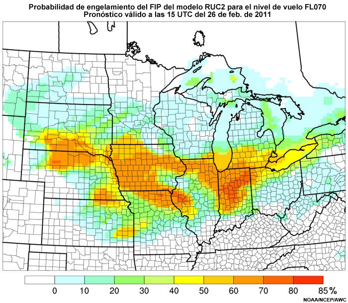 Producto FIP severidad de engelamiento basado en el modelo RUC2, riesgo de gotitas grandes sobreenfriadas (supercooled large droplet, SLD) en el nivel de vuelo FL070, hora de validez del pronóstico: 15 UTC del 26 de febrero de 2011.