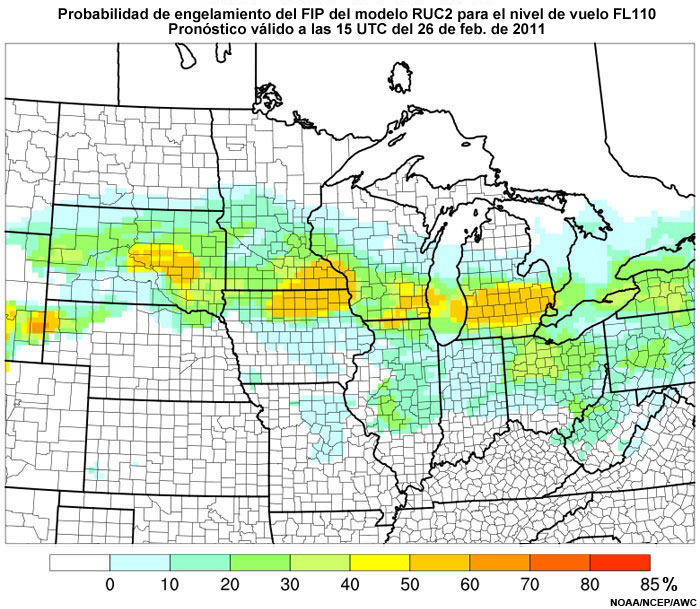 Producto FIP severidad de engelamiento basado en el modelo RUC2, riesgo de gotitas grandes sobreenfriadas (supercooled large droplet, SLD) en el nivel de vuelo FL110, hora de validez del pronóstico: 15 UTC del 26 de febrero de 2011.