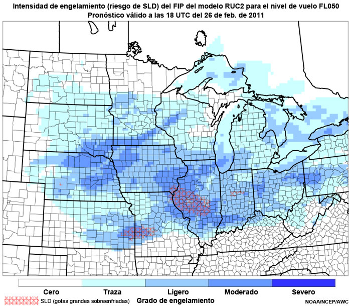 Producto FIP severidad de engelamiento basado en el modelo RUC2, riesgo de gotitas grandes sobreenfriadas (supercooled large droplet, SLD) en el nivel de vuelo FL050, hora de validez del pronóstico: 18 UTC del 26 de febrero de 2011.