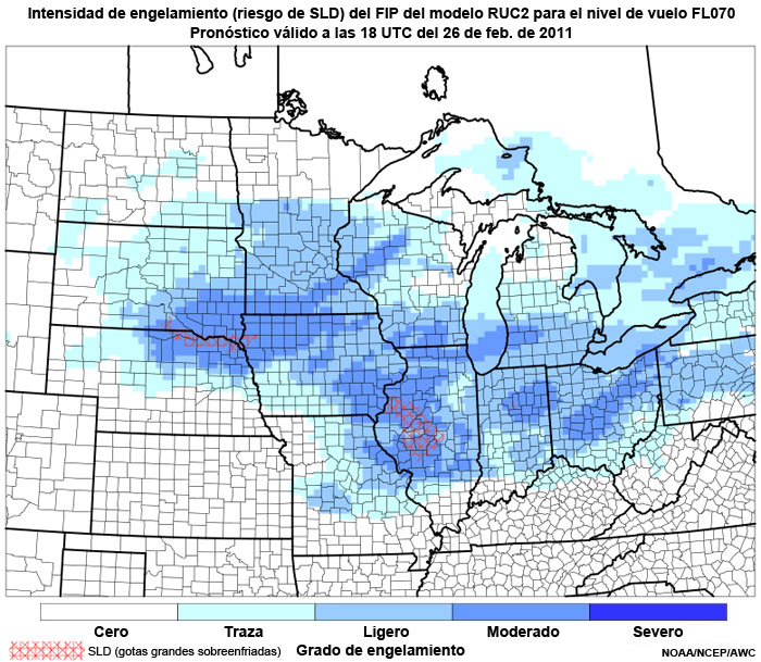 Producto FIP severidad de engelamiento basado en el modelo RUC2, riesgo de gotitas grandes sobreenfriadas (supercooled large droplet, SLD) en el nivel de vuelo FL070, hora de validez del pronóstico: 18 UTC del 26 de febrero de 2011