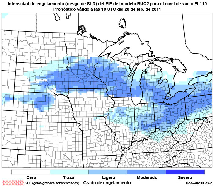 Producto FIP severidad de engelamiento basado en el modelo RUC2, riesgo de gotitas grandes sobreenfriadas (supercooled large droplet, SLD) en el nivel de vuelo FL110, hora de validez del pronóstico: 18 UTC del 26 de febrero de 2011.
