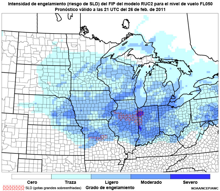 Producto FIP severidad de engelamiento basado en el modelo RUC2, riesgo de gotitas grandes sobreenfriadas (supercooled large droplet, SLD) en el nivel de vuelo FL110, hora de validez del pronóstico: 21 UTC del 26 de febrero de 2011.