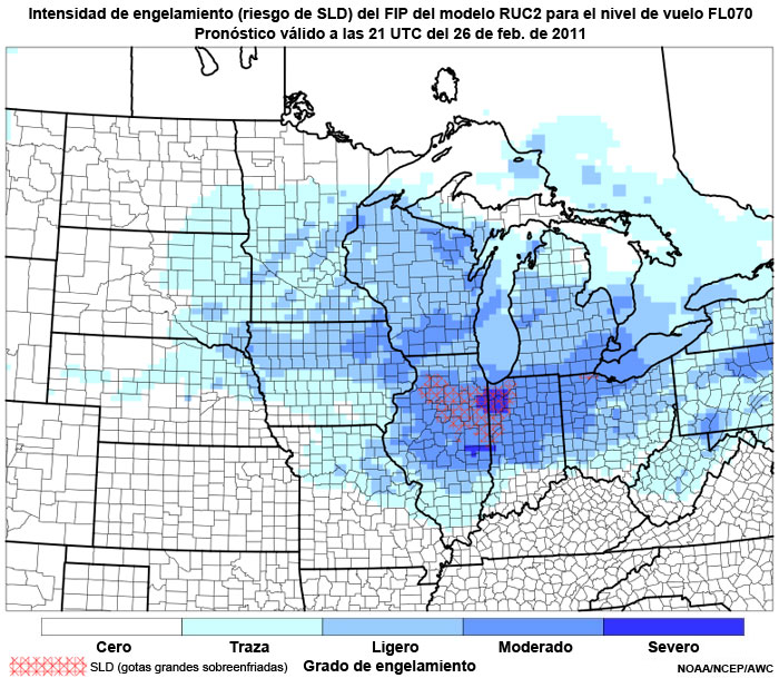 Producto FIP severidad de engelamiento basado en el modelo RUC2, riesgo de gotitas grandes sobreenfriadas (supercooled large droplet, SLD) en el nivel de vuelo FL070, hora de validez del pronóstico: 21 UTC del 26 de febrero de 2011.