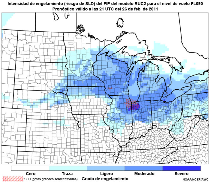 Producto FIP severidad de engelamiento basado en el modelo RUC2, riesgo de gotitas grandes sobreenfriadas (supercooled large droplet, SLD) en el nivel de vuelo FL090, hora de validez del pronóstico: 21 UTC del 26 de febrero de 2011.