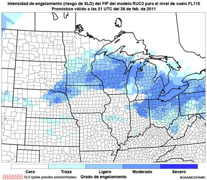 Producto FIP severidad de engelamiento basado en el modelo RUC2, riesgo de gotitas grandes sobreenfriadas (supercooled large droplet, SLD) en el nivel de vuelo FL110, hora de validez del pronóstico: 21 UTC del 26 de febrero de 2011.