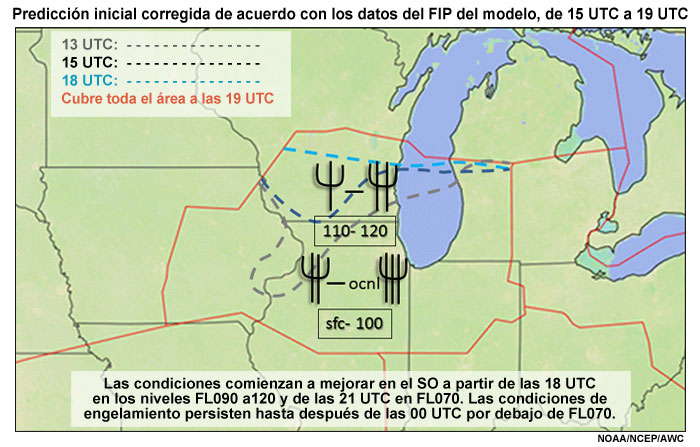 Mapa de la predicción inicial corregida de acuerdo con el producto de engelamiento pronosticado (FIP) del modelo, de 15 UTC a 19 UTC para el área de servicio de la CWSU-Chicago.