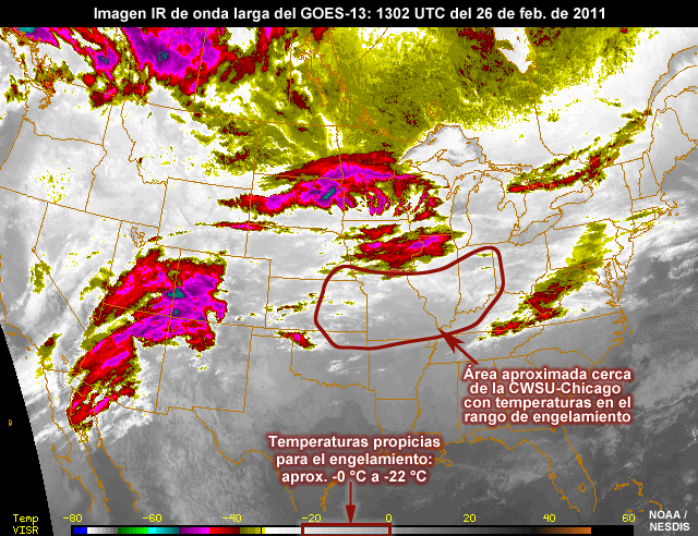 Imagen en el IR térmico (de onda larga) del GOES-13 de las 1302 UTC del 26 de febrero de 2011 con las áreas en el rango de temperaturas de engelamiento y las área propicias para el engelamiento.