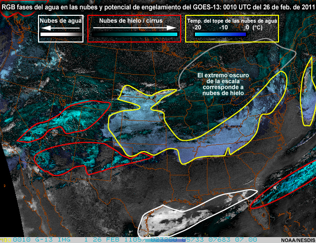 Producto RGB niebla y nubes bajas del GOES-13 anotado para un ejercicio.