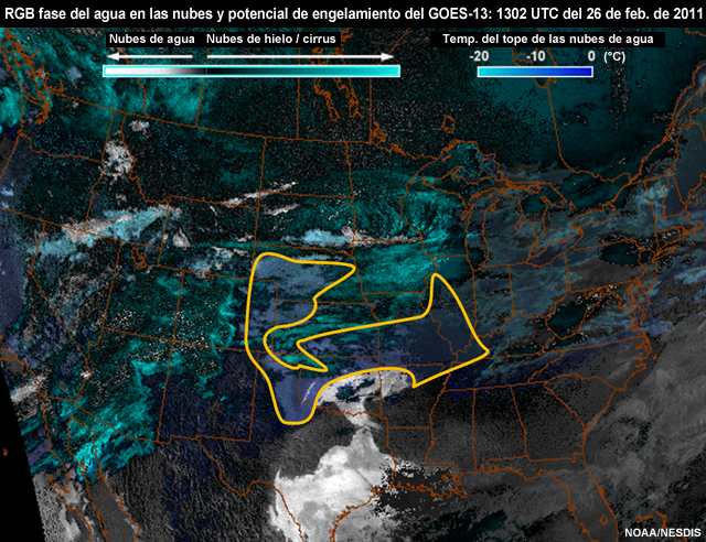 Producto RGB fases del agua en las nubes y potencial de engelamiento del GOES-13: 1302 UTC del 26 de febrero de 2011 (para un ejercicio).