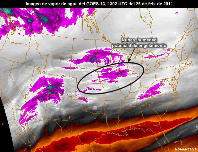 Imagen de vapor de agua del GOES-13 anotada para un ejercicio.