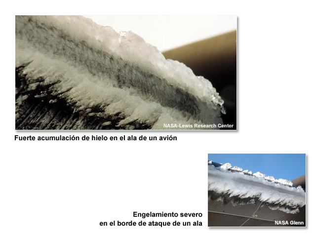 Dos fotos, una de la fuerte acumulación de hielo sobre el ala de un avión y la otra engelamiento importante en el borde de ataque de un ala.