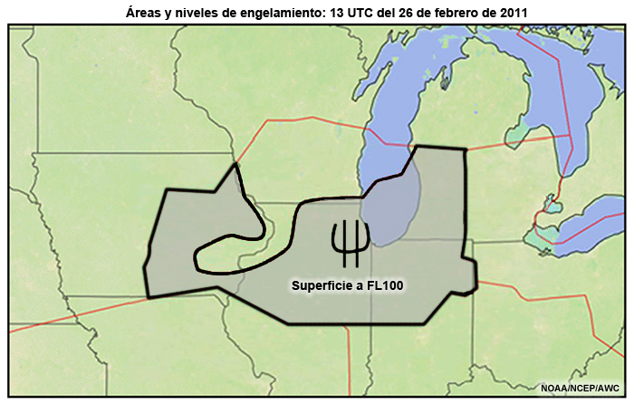 Mapa del área de servicio de la CWSU-Chicago anotado por un científico de COMET que muestra el área donde el nivel de congelamiento llega al nivel de vuelo FL100 por encima del nivel del mar.