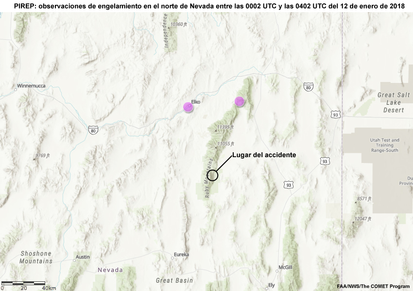 Mapa de Nevada y Utah con marcas de la posicin de los PIREP y los mensajes correspondientes (2 horas antes y despus de momento del accidente, 0202 UTC)