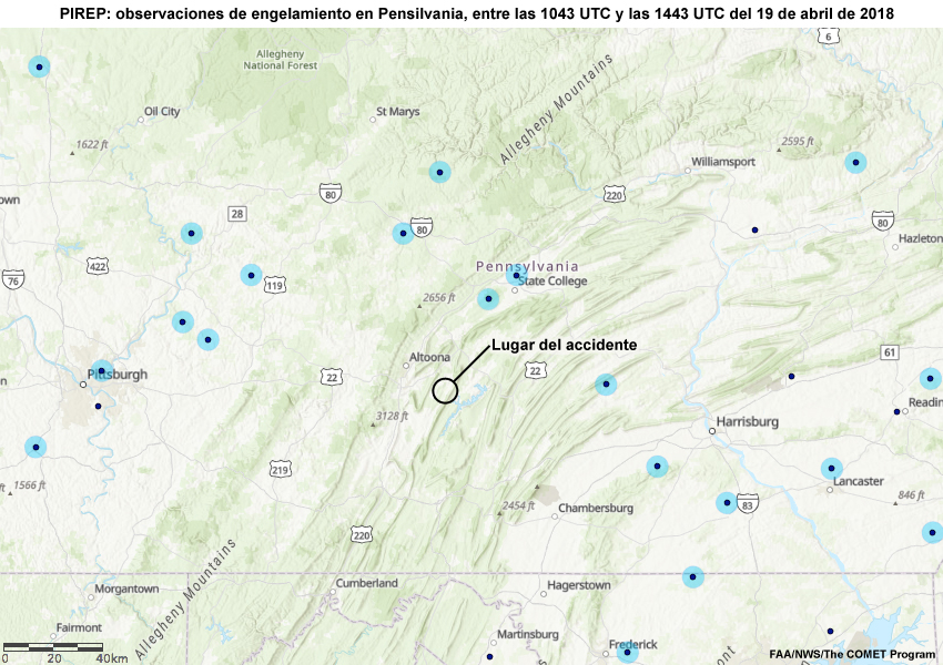 Mapa de Pensilvania central y el norte de Maryland con marcas de la posicin de los PIREP y los mensajes correspondientes (2 horas antes y despus de momento del accidente, 1243 UTC)