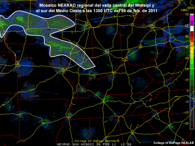 Radar regional NEXRAD para el valle central del Misisipi y el sur del Medio Oeste a las 1300 UTC del 26 de febrero de 2011 con áreas resaltadas para un ejercicio.