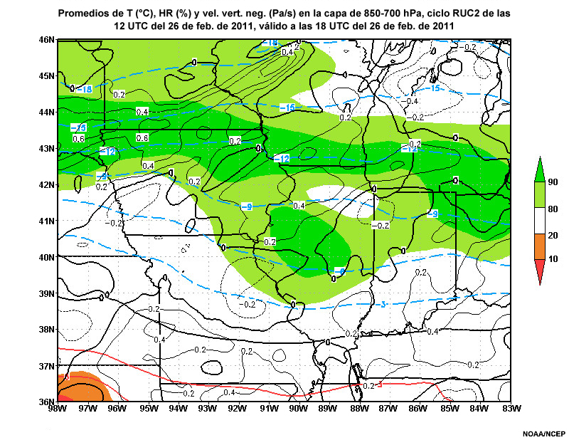 Promedio de temperatura, humedad relativa y velocidad vertical negativa en la capa de 850-700 hPa del modelo RUC2 a las 12 UTC del 26 de febrero de 2011, pronóstico válido a las 18 UTC del 26 de febrero de 2011.