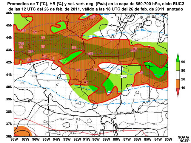 Explicación para la pregunta sobre la posición de las condiciones de engelamiento para el promedio de temperatura, humedad relativa y velocidad vertical negativa en la capa de 850-700 hPa del modelo RUC2 a las 12 UTC del 26 de febrero de 2011, pronóstico válido a las 18 UTC del 26 de febrero de 2011.