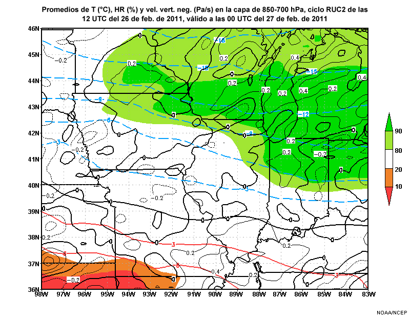 Promedio de temperatura, humedad relativa y velocidad vertical negativa en la capa de 850-700 hPa del modelo RUC2 a las 12 UTC del 26 de febrero de 2011, pronóstico válido a las 00 UTC 27 de febrero de 2011.