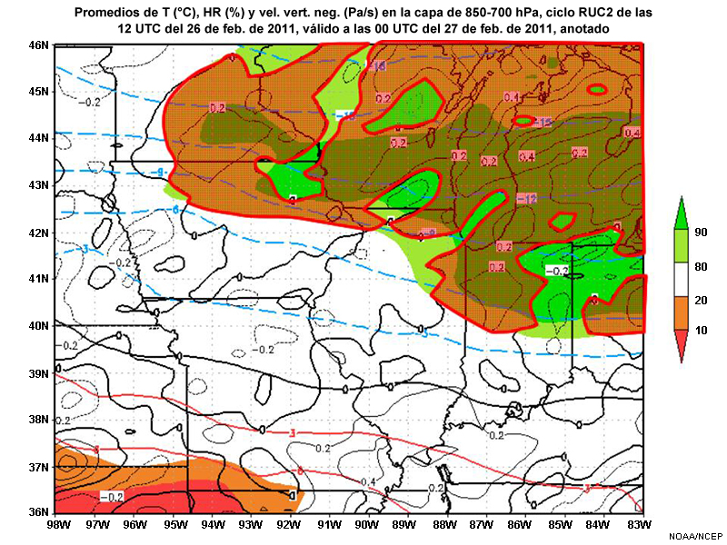 Explicación para la pregunta sobre la posición de las condiciones de engelamiento para el promedio de temperatura, humedad relativa y velocidad vertical negativa en la capa de 850-700 hPa del modelo RUC2 a las 12 UTC del 26 de febrero de 2011, pronóstico válido a las 00 UTC 27 de febrero de 2011.