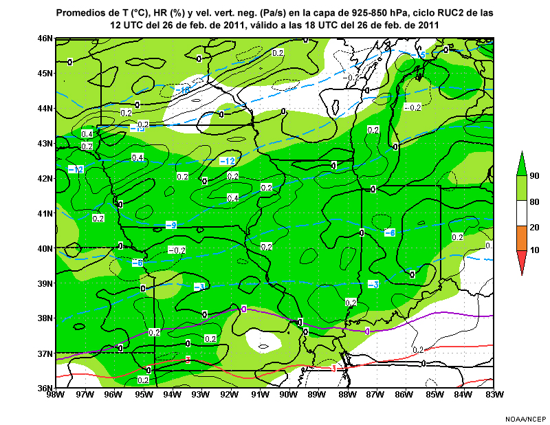 Promedio de temperatura, humedad relativa y velocidad vertical negativa en la capa de 925-850 hPa del modelo RUC2 a las 12 UTC del 26 de febrero de 2011, pronóstico válido a las 18 UTC del 26 de febrero de 2011.