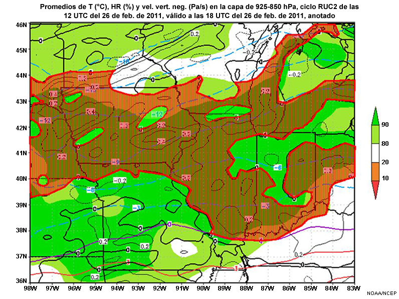 Explicación para la pregunta sobre la posición de las condiciones de engelamiento para el promedio de temperatura, humedad relativa y velocidad vertical negativa en la capa de 925-850 hPa del modelo RUC2 a las 12 UTC del 26 de febrero de 2011, pronóstico válido a las 18 UTC del 26 de febrero de 2011.